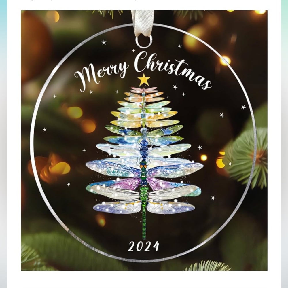 2024 Dragonfly Christmas Ornament – Acrylic Holiday Tree Design with Gift Box